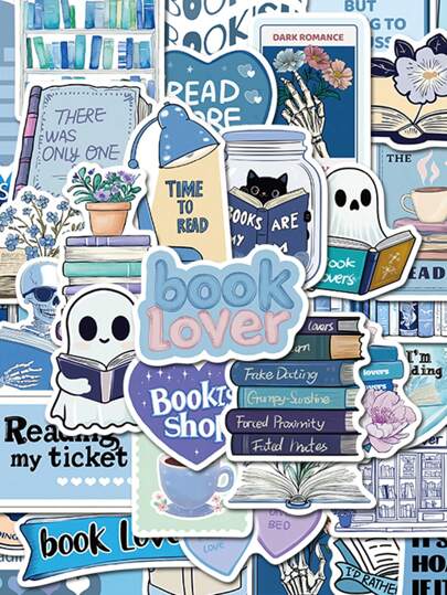50pcs Blue Bookish Graffiti Stickers Decorative Water Cups Notebook Luggage Waterproof Stickers