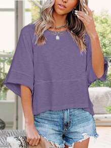 Women's Summer Casual Crewneck Batwing Half Sleeve T-Shirts Solid Color Loose Fit Cute Basic Flowy Tops Tees Blouses - 淺紫色 - 查看 2