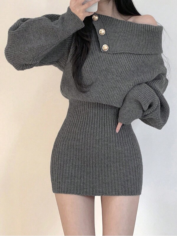 Korean Style Minimalist Off Shoulder Bodycon Ribbed Knit Mini Dress