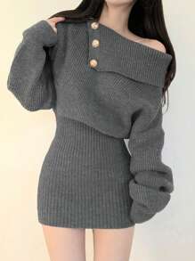 韩式简约露肩紧身罗纹针织迷你连衣裙