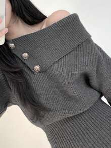 韩式简约露肩紧身罗纹针织迷你连衣裙