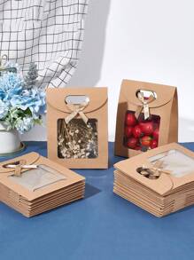 6 bolsas de papel kraft con ventana, bolsas de regalo con asa estilo sobre en marrón, con arco y ventana transparente para empacar caramelos, galletas, para bodas, fiestas, tiendas y al por menor - Caqui - Ver 1