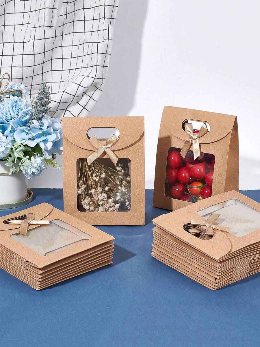 6 bolsas de papel kraft con ventana, bolsas de regalo con asa estilo sobre en marrón, con arco y ventana transparente para empacar caramelos, galletas, para bodas, fiestas, tiendas y al por menor - Caqui - Ver 1