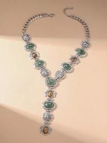 1 件复古夸张时尚仿宝石 Y 形流苏长项链，粗珠宝巴洛克风格法式奢华几何古金色毛衣链吊坠项链适合女性日常、派对、活动 - 銀 - 查看 2