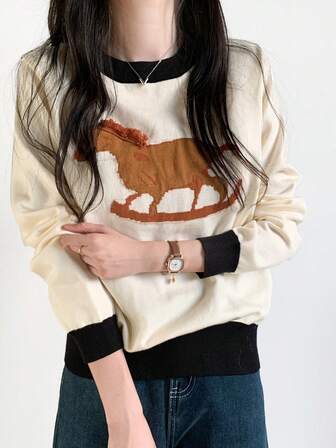 Contrast Color Round Neck Cartoon Rocking Horse Jacquard Fitted Casual Women Sweater