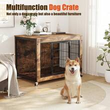 VITESSE Dog Crate Furniture With Cushion, 38 Inch Double Doors Wooden Dog Kennel Indoor With Wheels, Dog House Side End Table For Large Medium Dogs