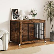 VITESSE Dog Crate Furniture With Cushion, 38 Inch Double Doors Wooden Dog Kennel Indoor With Wheels, Dog House Side End Table For Large Medium Dogs
