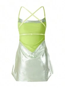 Vestido de tirantes finos brillante de unicolor sin mangas con espalda descubierta para mujer, vestido para cóctel, discoteca y playa - Verde - Ver 9