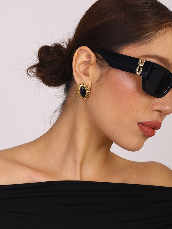 Uworld 1Pair Of Women's Geometric French Retro Style Stainless Steel Earrings 18K Gold Plated Inlaid With Agate Natural Stone Decoration Suitable For Daily Wear Travel Seaside Etc.