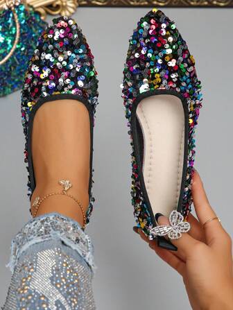 女士春秋时尚新款潮流迷人闪亮彩虹亮片尖头平底鞋，优雅适合工作、派对，舒适轻便的芭蕾平底鞋，一脚蹬