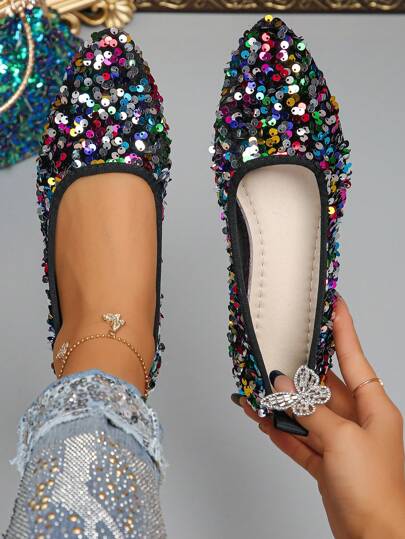 Damen Frühling/Herbst Mode Neue Glamouröse Glänzende Regenbogen Pailletten Spitzenschuhe, Flache Schuhe, Elegant für Arbeit, Party, Komfortabel & Leicht Ballettschuhe, Slip-On