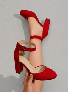 Women Ankle Strap Chunky Heel Pumps Round Toe High Heel Comfortable Elegant Work Dating Wedding Party Dress Shoes - Đỏ - Xem 3