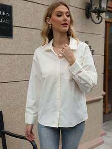 Camicia casual da ufficio con tasche, manica lunga a goccia sulla spalla, monopetto, di colore uniforme, da donna - Bianco - Visualizzare 1
