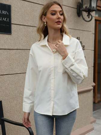 女士纯色落肩长袖单排扣口袋办公室休闲衬衫