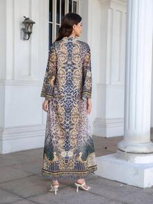 V-Neck Dress With All-Over Floral Jacquard Print, Regular Fit, Long Sleeves, Shimmery Rhinestone Embellishment, Elegant Moroccan Jalabiya Robe For Women