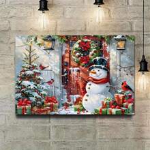 1 Pc Snowman And Santa Wall Background Canvas Art Frameless Wall Decoration Wooden Framed Canvas Painting Thickness 2.25cm/0.9inch High Quality Wall Art Prints Poster Direct Hanging Wall Picture Decor For Home Gifts, Gift, Decoration,Living Room, Bathroom, Bedroom, Kitchen