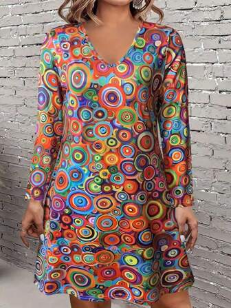 V-halsad långärmad rundklänning för kvinnor i plusstorlek - elegant midiklänning med flytande kjol, avslappnad kontors- och festklänning, klassisk vårklänning i A-linje, mode orange klänningar i plusstorlek