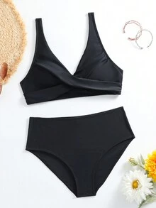 Women Sexy Criss-Cross V-Neck Swimwear, Fashionable High Waist Solid Color Black Bikini 2 Pieces Set, For Summer Beach Vacation