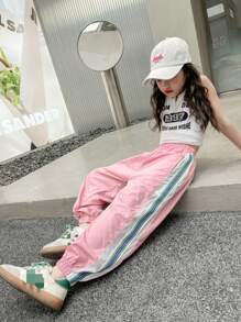 Tween Girl's Casual Contrast Color Striped Drawstring Pants