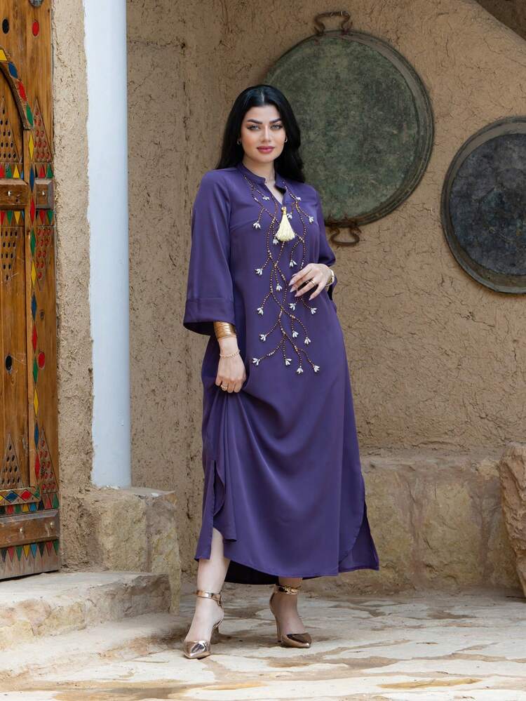 فستان عربي أنيق مطبوع ذو لون واحد عصري للسيدات، متواضع - الأرجواني - مشاهدة 3