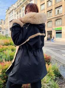 Parka mi-longue pour femme – Doublure polaire chaude, capuche en fausse fourrure. Veste parka en peluche contrastée avec fourrure et poches. Confortable et élégante par temps froid, polyvalente pour les vêtements de travail, de bureau, d'école, d'extérieur.
