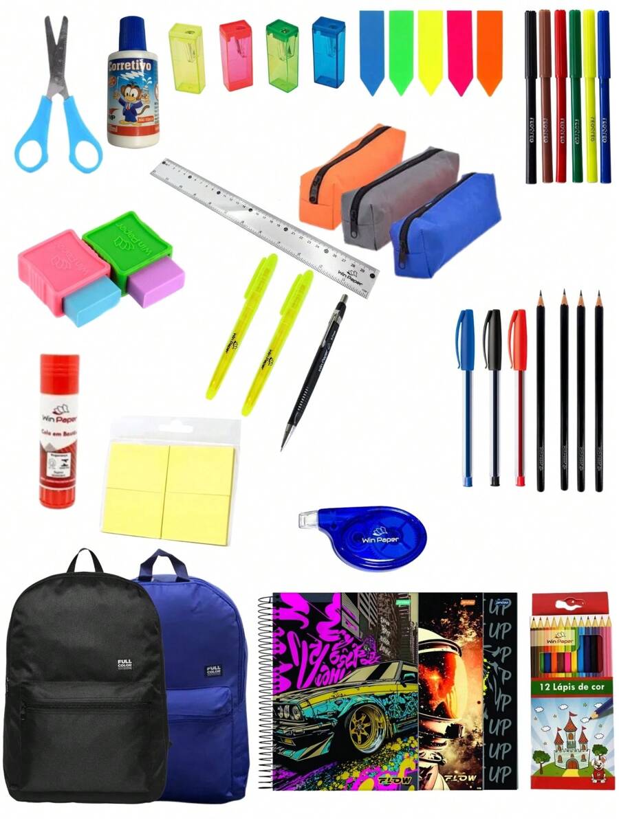 Material Escolar Kit 40 Unidades Completo Ensino Médio e Fundamental Barato Econômico - Masculino - Visão 1