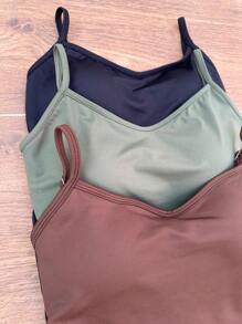 3-Piece Kit Suplex Tank Top With Cup, Women's Neckline, Basic Tank Top With Straps - Black - Brown - Military Green - View 2