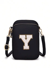 A Crossbody Bag That Can Be Customized With Your Own Name, Lucky Number, Letter, And Text, With 26 Letter Patches For Diy, A Bag That Is Classic And Versatile, With A Three-Layer Zipper Design That Can Hold Mobile Phones, Coins, Etc., Pc Casual Fashion Crossbody Walking Bag With Mobile Phone Cloth Bag Vertical Coin Purse Suitable For Girls, Travel, Back To School, Gifts Back To School Winter Gift Ideas Boy Girl Valentine's Day - Black Three-layer Gold Zipper + 5.5 White Letters - View 26