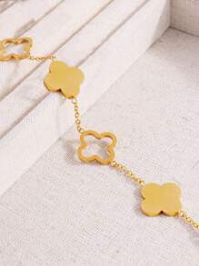 2pcs Fashionable Lucky Clover Pendant Jewelry Set, Gold Plated Stainless Steel Flour-Leaf Flower Design Necklace And Bracelet, Suitable For Women Daily Wear, Sexy Collarbone Chain Accessory Valentines - Gold - View 2
