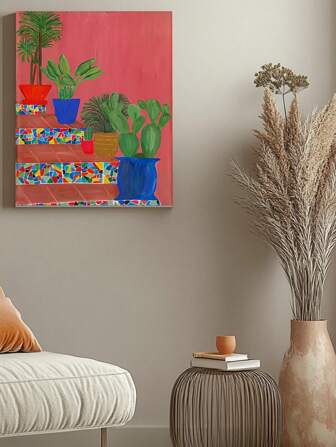 1 pieza Pintura en lienzo con diseño de planta en maceta a color - Arte de pared sin marco - Ideal para decoración de dormitorio, oficina en casa, cocina, baño - Pintura colgante para interior/exterior - Regalo ideal para decorar paredes