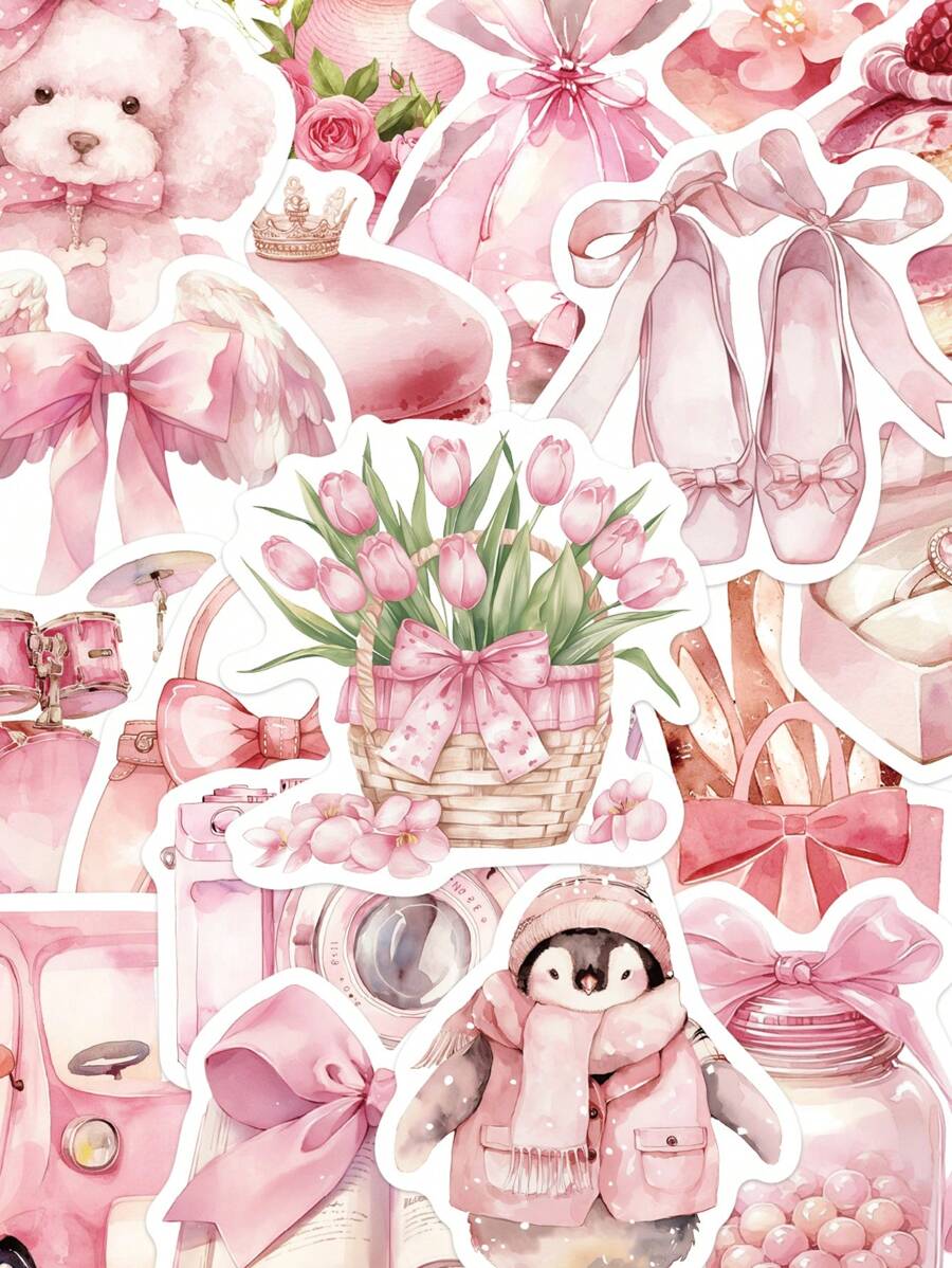 50pcs Pink Stickers Laptop Handbook Phone Case Decorative Decals,School Supplies,Back To School