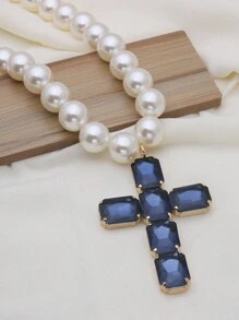Retro Oversized Pearl Necklace With Big Glass Cross Pendant, Fashion Jewelry For Women, Christmas Gift