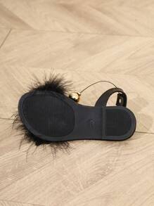 1 Pair Plus Size Girls' Black Flat Sandals, Fluffy Strap, Pearl Toe Design, Round Toe, Non-Slip, Lightweight, Fashionable & Cute, Suitable For 3-15 Years Old Girls, Daily, Party, Vacation, Casual Wear, 2025 New Arrival - Black - View 10