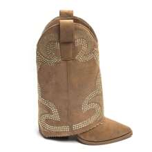 Bottines western à talon haut et bout pointu décorées de strass – Style cowgirl chic - Camel - Voir 3