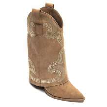 Bottines western à talon haut et bout pointu décorées de strass – Style cowgirl chic - Camel - Voir 2