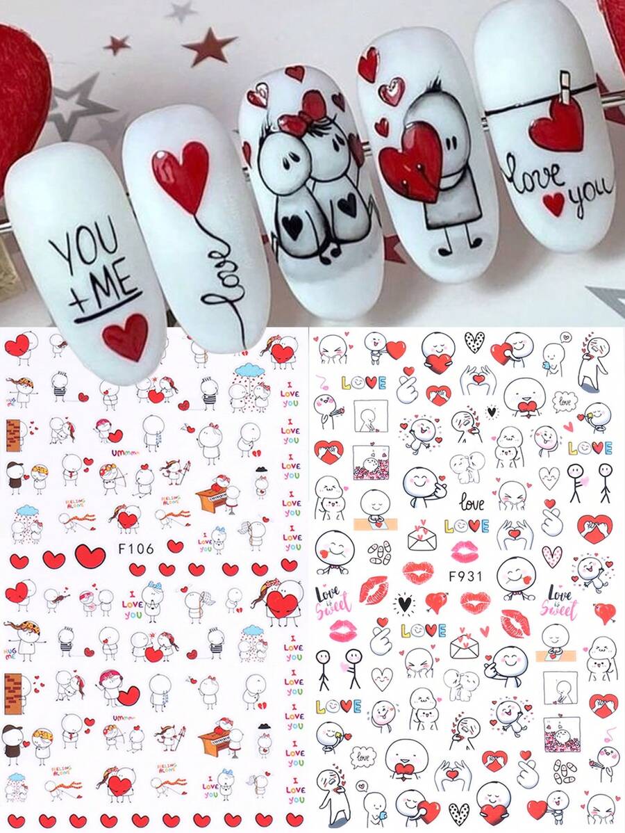 情人节指甲 3D 情人节指甲贴纸 2/4 件装可爱心形红唇卡通图案字母 DIY 浪漫自粘凝胶抛光贴花滑块美甲装饰女士和女孩礼物 - 彩色 - 查看 1
