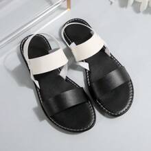 欧美风女式平底黑白凉鞋户外圆头低跟真皮混色运动沙滩鞋夏季