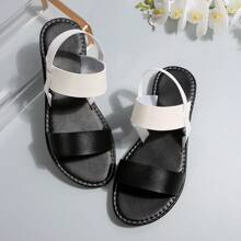 欧美风女式平底黑白凉鞋户外圆头低跟真皮混色运动沙滩鞋夏季