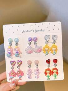 12pcs/Set Girl Mermaid Shell Painless Clip-On Earrings, Cute Cartoon Resin Jewelry Accessories, Daily Wear - one-size - View 1