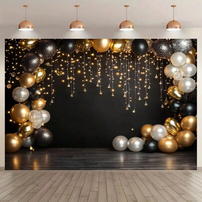 1pc Black And Gold Balloon Background Banner, Polyester Party Decoration For Weddings, Bridal Parties, Birthdays, Baptisms Suitable For Birthdays, Parties, Celebrations, Party Events And Home Decoration, Versatile Decoration Universal Theme - Reusable, No Electricity Required