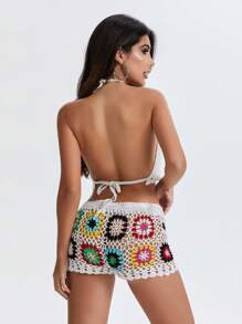 Women's Summer Knit Crochet Shorts Casual Hollow Out Elastic Waist Drawstring Short Pants Shorts - trắng - Xem 9