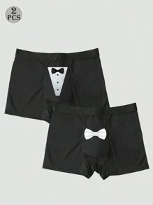 2pcs Men's Black Graphic Print Sexy Briefs, Elastic Daily Underwear - Black - View 3