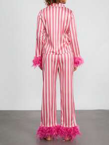 Women's 2 Piece Satin Pajama Set Long Sleeve Lapel Neck Striped Tops Elastic Waist Patchwork Feather Pants Sleepwear Outfit - Hồng - Xem 7