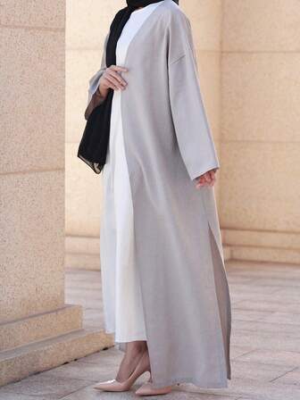 1pc Conservative Muslim Women's Solid Color Long Sleeve Abaya Robe With Slit, Suitable For Daily Wear
