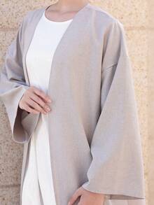 1pc Conservative Muslim Women's Solid Color Long Sleeve Abaya Robe With Slit, Suitable For Daily Wear - Grey - View 4