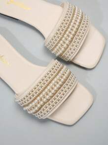 Women's Strap Crystal Embellished Sandals, Casual Versatile Outdoor Plastic Flat Slippers Valentines