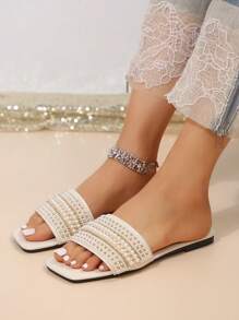 Women's Strap Crystal Embellished Sandals, Casual Versatile Outdoor Plastic Flat Slippers Valentines