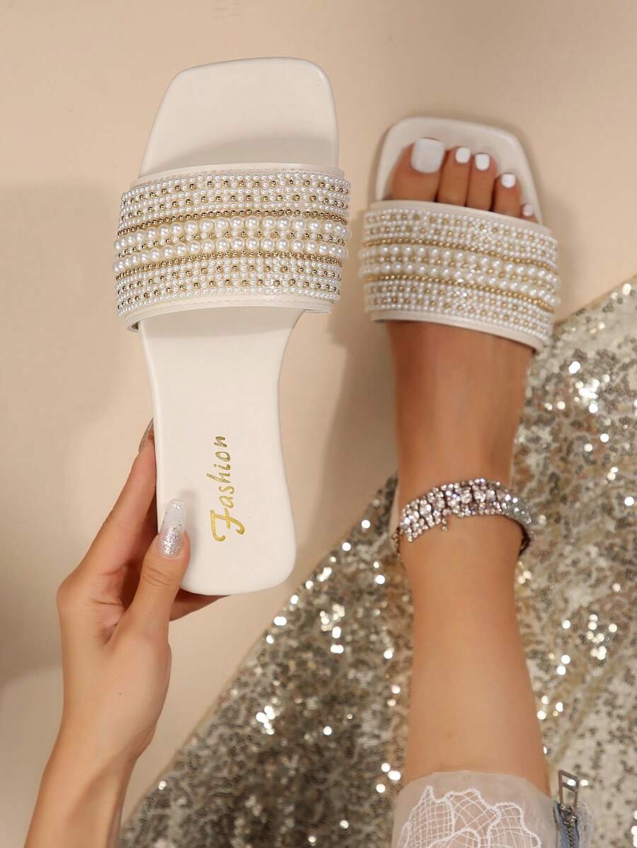 Women's Strap Crystal Embellished Sandals, Casual Versatile Outdoor Plastic Flat Slippers Valentines