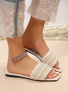 Women's Strap Crystal Embellished Sandals, Casual Versatile Outdoor Plastic Flat Slippers Valentines
