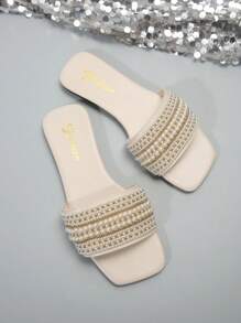 Women's Strap Crystal Embellished Sandals, Casual Versatile Outdoor Plastic Flat Slippers Valentines